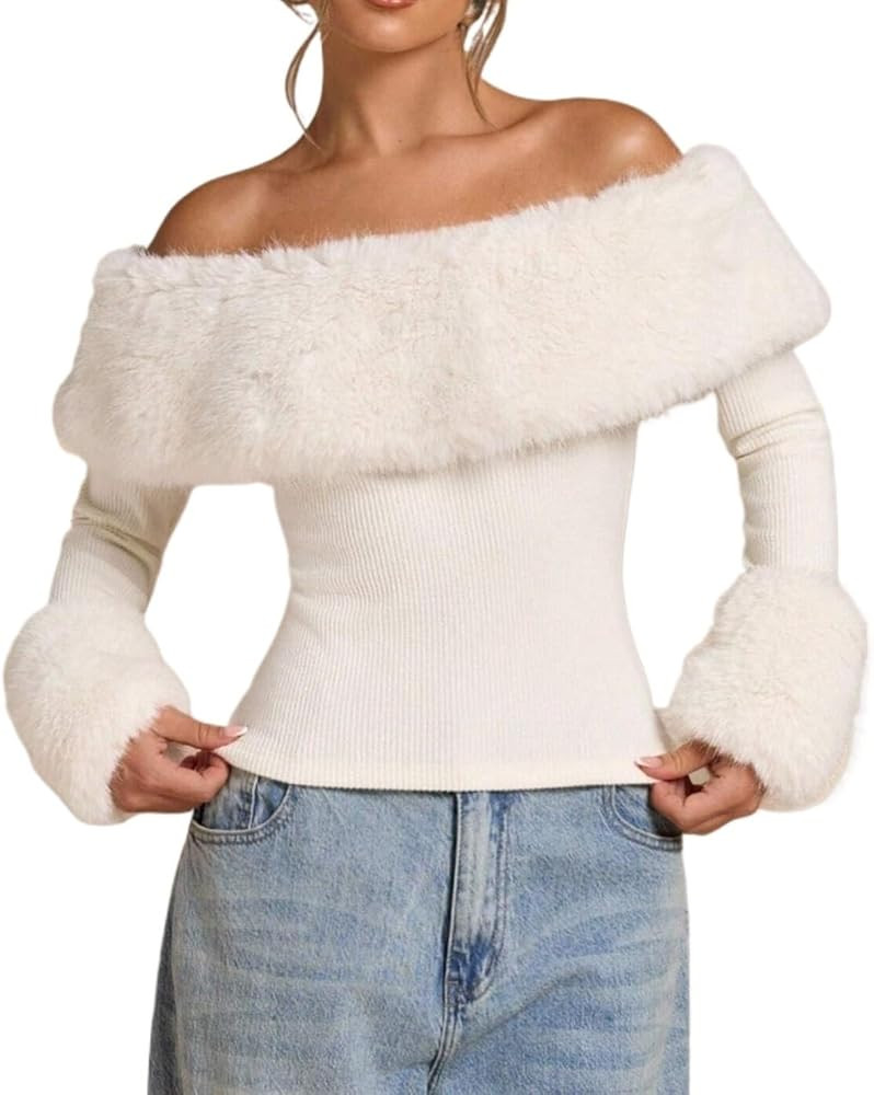 Women's Fall/Winter Classic Casual Round Neck Off Shoulder Faux Fur Long Sleeve Thick Sweater Tre... | Amazon (US)