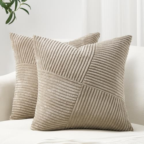 Topfinel Lightbrown Throw Pillow Covers 20x20 Inch Set of 2 Modern Farmhouse Home Decor Pillow Covers for Spring Sofa Living Room Couch Bed Soft Corduroy Textured Boho Striped Patchwork Cushion Cases | Amazon (US)
