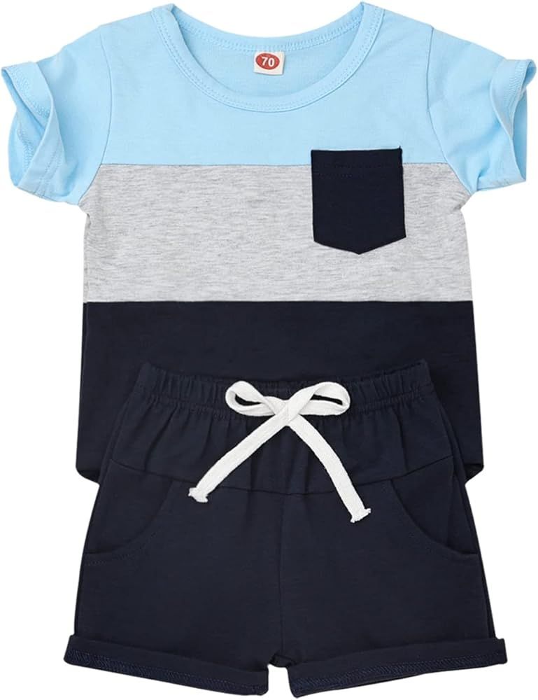 KAFIREN Baby Boy Clothes Toddler Boy Summer Outfits Short Sleeve Patchwork Top T-shirt & Pocket P... | Amazon (US)