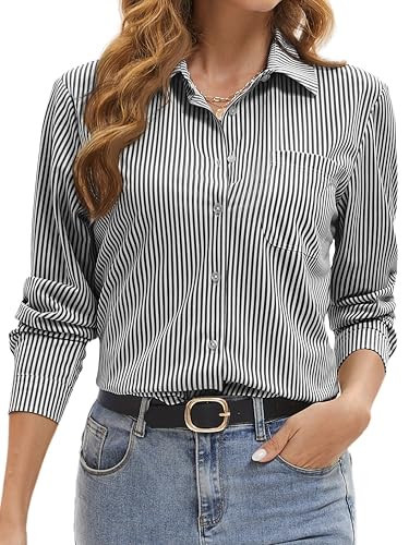 Black and White Striped Button Down Shirt Women Long Sleeve Button Up Blouse Collared Cute Fitted Tops (X-Large, Black Stripe) | Amazon (US)