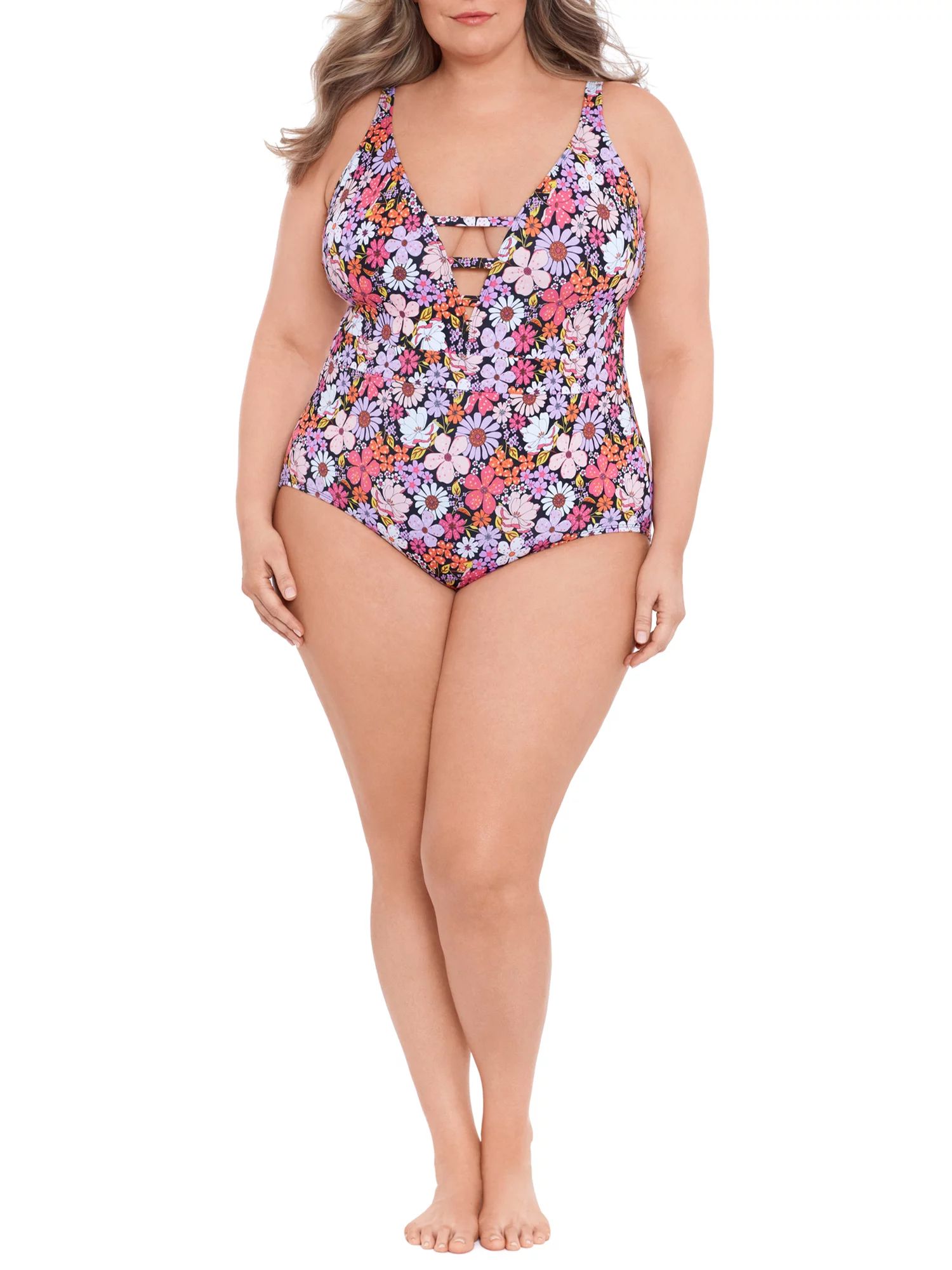 Time and Tru Women’s V Strappy Front One Piece Swimsuit - Walmart.com | Walmart (US)