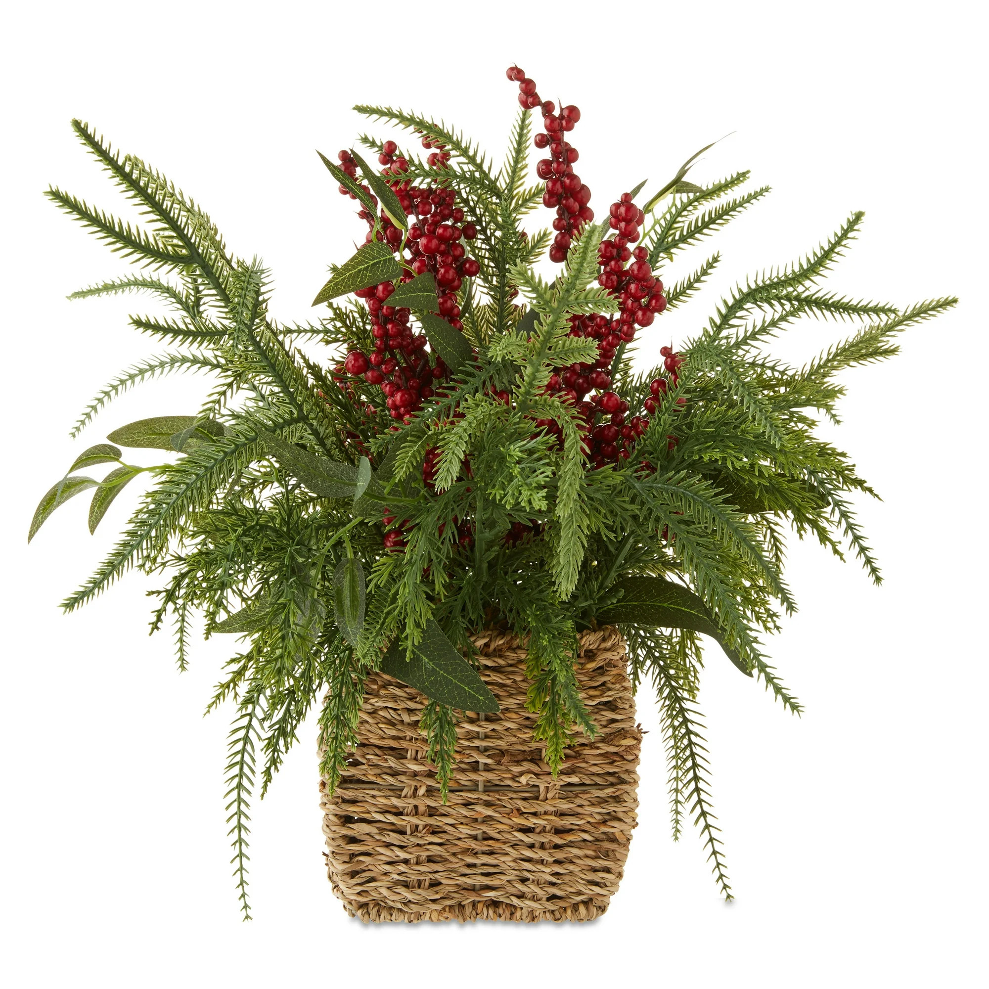 Winter Floral Basket with Berries Christmas Tabletop Decoration, Green and Red, 15", by Holiday T... | Walmart (US)