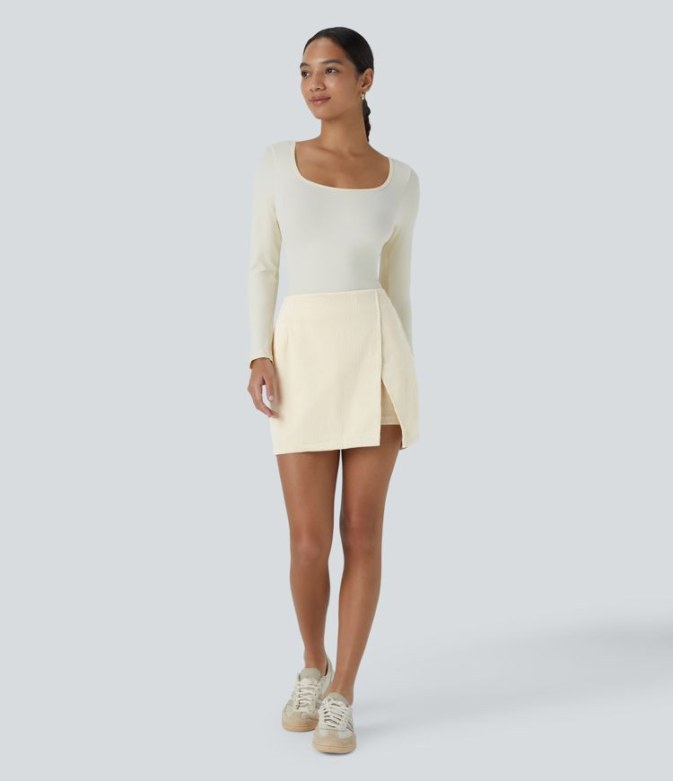 High Waisted Back Zipper Hem 2-in-1 Corduroy Casual Skirt | HALARA