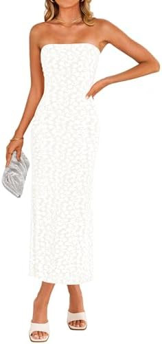 ZESICA Women's 2026 Summer Floral Strapless Bodycon Midi Dress Off Shoulder Tube Beach Wedding Gu... | Amazon (US)