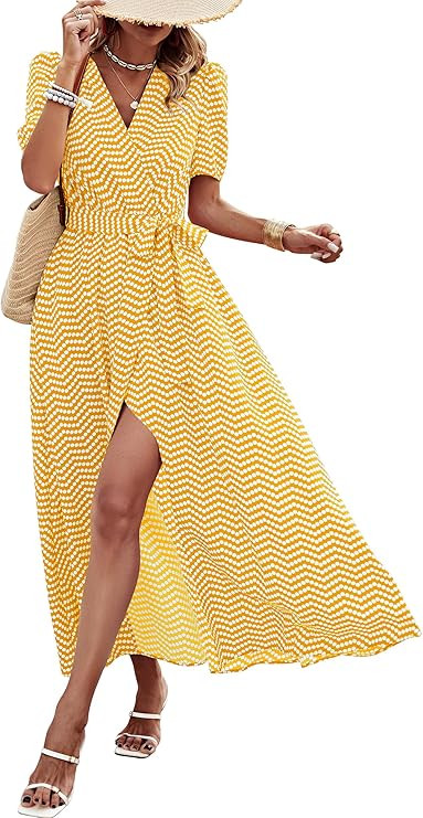 PRETTYGARDEN Women's Summer Wrap Maxi Dress Casual Short Sleeve Floral Boho V Neck Split Ruffle B... | Amazon (US)