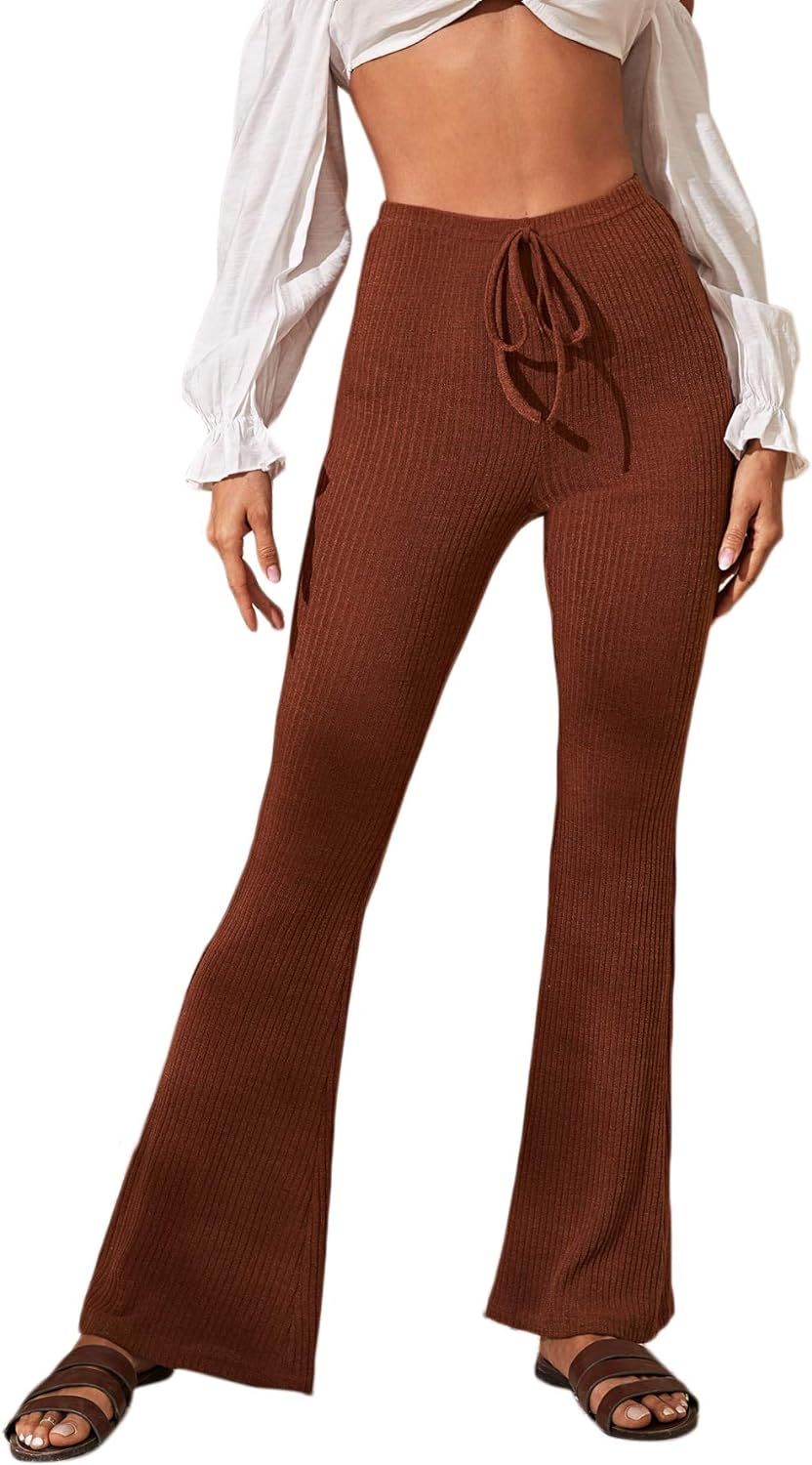 SOLY HUX Women's Elastic Waist Tie Front Flare Leg Pants Ribbed Knit Trousers | Amazon (US)