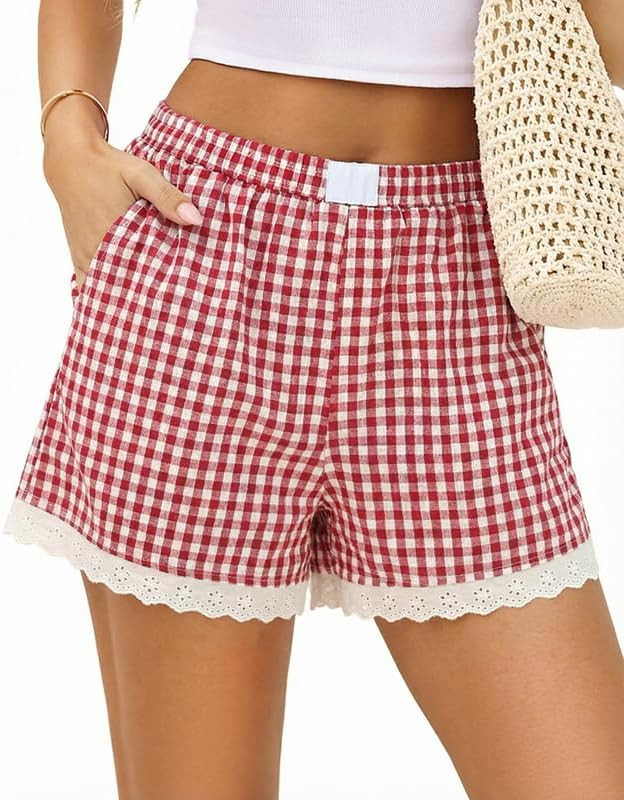 Marvmys Womens Boxer Shorts Cotton Pajama Bottoms Summer Gingham Ruffle/Lace Shorts Casual Y2K Be... | Amazon (US)