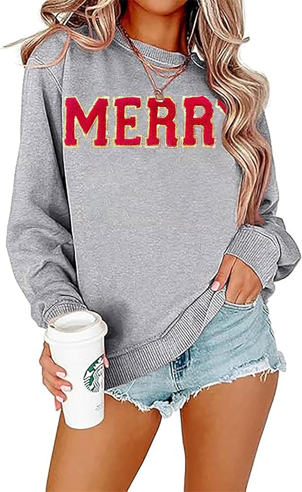 YALUCOR Women Christmas Sweatshirt Merry Christmas Pullover Tops Glitter Chenille Patch Merry Tsh... | Amazon (US)