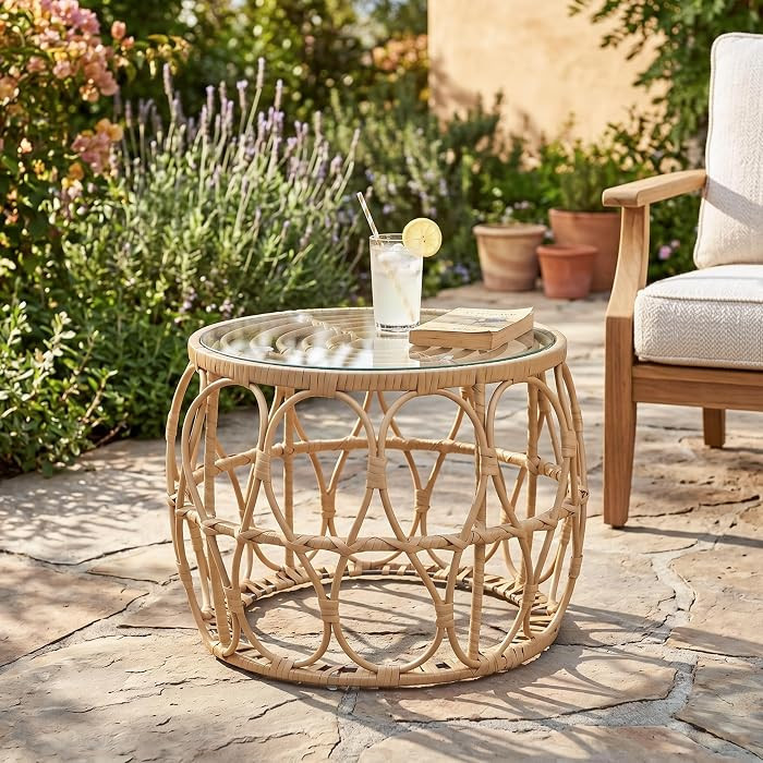 Furniture of America Ysar Boho Rattan Round Coffee Table Outdoor with 5mm Tempered Glass Top, All... | Amazon (US)