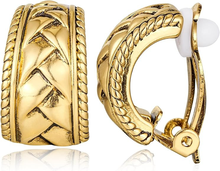 LILIE&WHITE Antique Gold Clip On Hoop Earrings for Women Non Pierced Clip on Earrings with Interw... | Amazon (US)