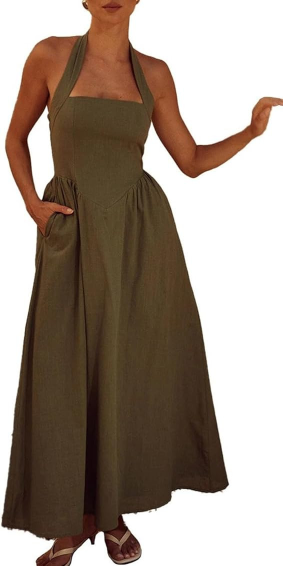 Maxi Dresses for Women 2024 Pure Color Sleeveless drerss Halter Dress with Pocket Women Summer Dr... | Amazon (US)