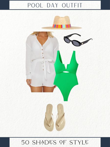 Sharing a chic pool day outfit for a day out in the sun. 

Everything but water one piece swimsuit, white cover up, gold flip flops, black sunnies, straw beach hat, green one piece swimsuit 

#LTKStyleTip #LTKSwim #LTKOver40
