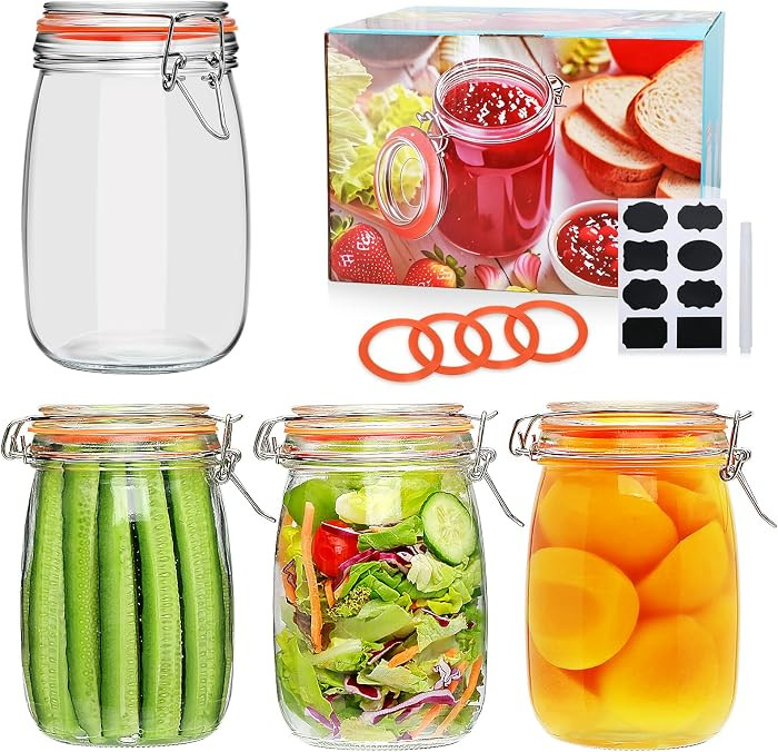Encheng 32 oz Wide Mouth Mason Jars With Airtight Hinged Lids, Leak Proof Rubber Gasket - 1000ml Glass Storage Containers, Set of 4 | Amazon (US)