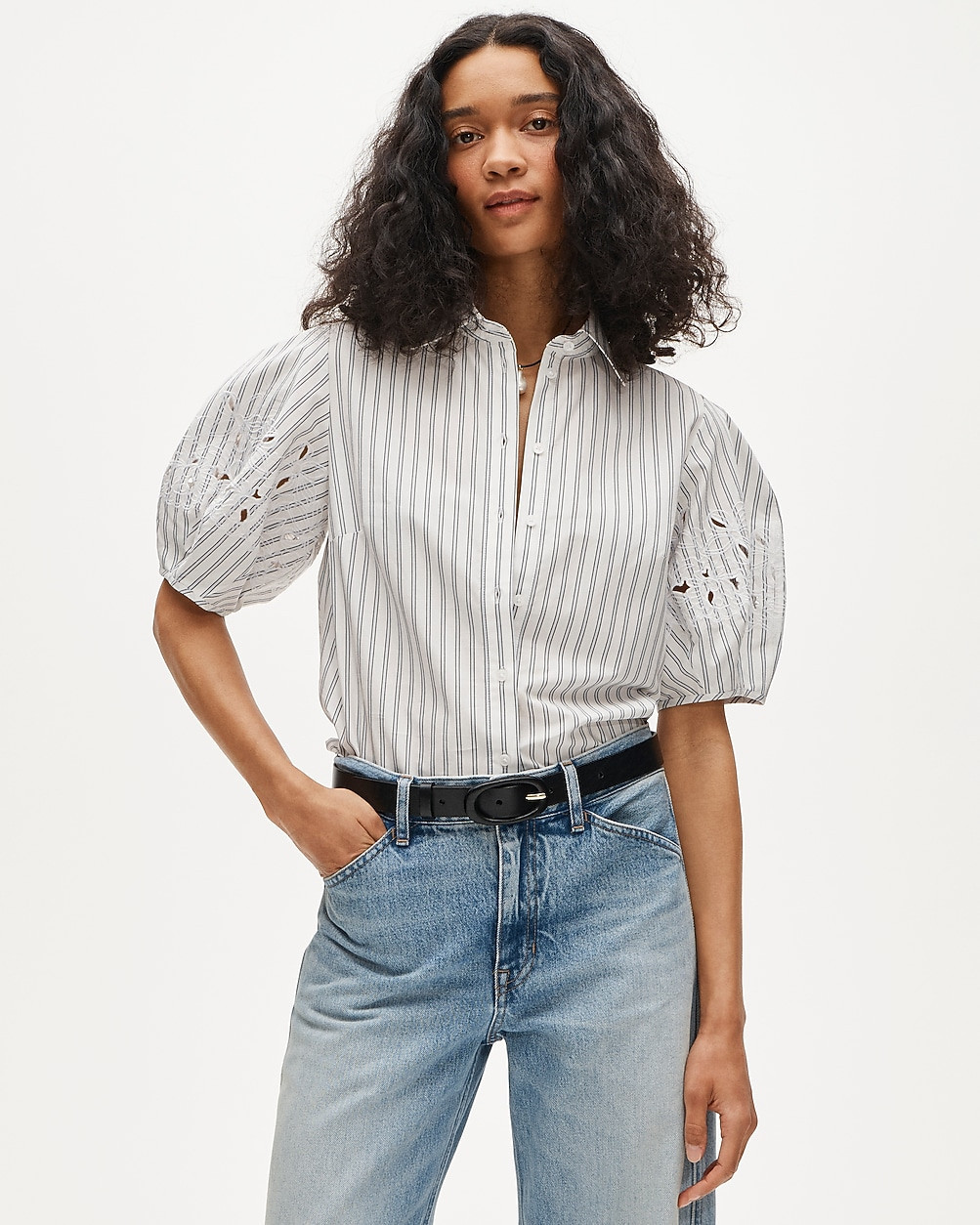 Eyelet puff-sleeve shirt in striped cotton poplin | J. Crew US