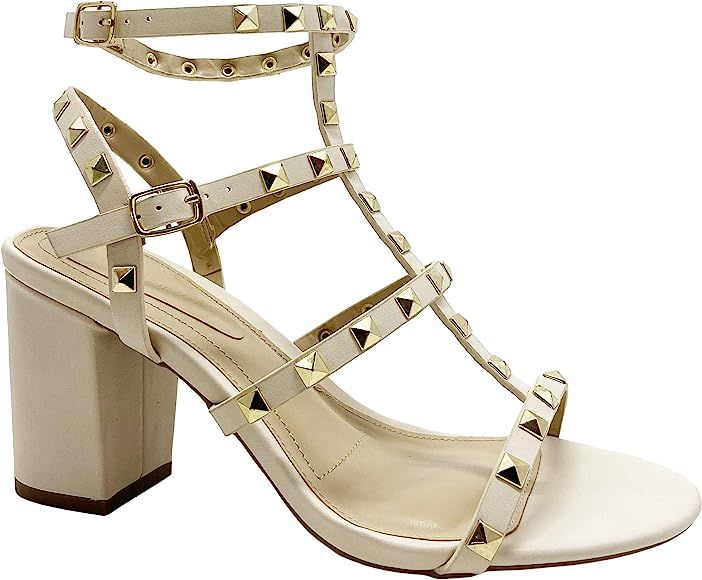 Womens Pointy Toe Gold Stud Strappy Ankle T-Strap Stiletto Heel Pump Sandal | Amazon (US)