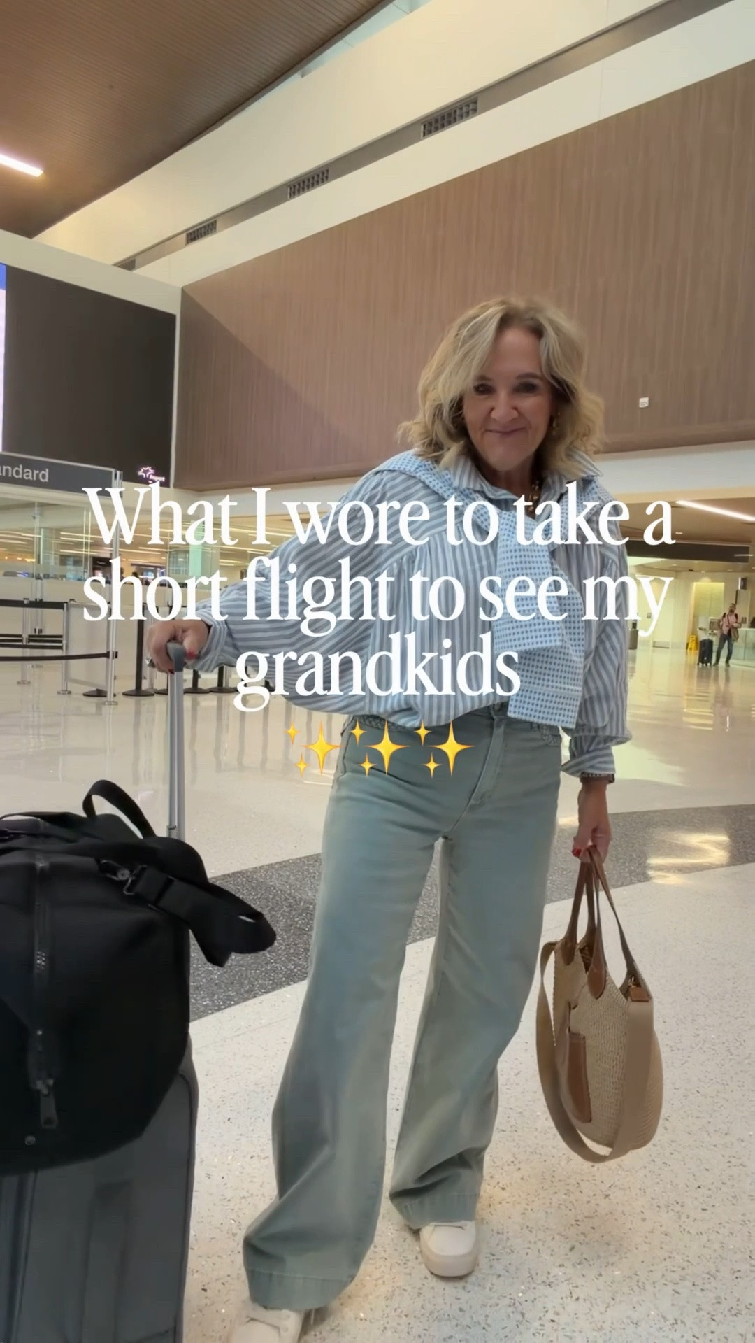Travel outfit today. Short flight. Jeans are soft and comfy. 
Jeans 29 reg 
Blouse med (prob size down) 
Sweatshirt medium
10% off my Eric javits bag code NANETTE 

#LTKOver40 #LTKootd #LTKTravel