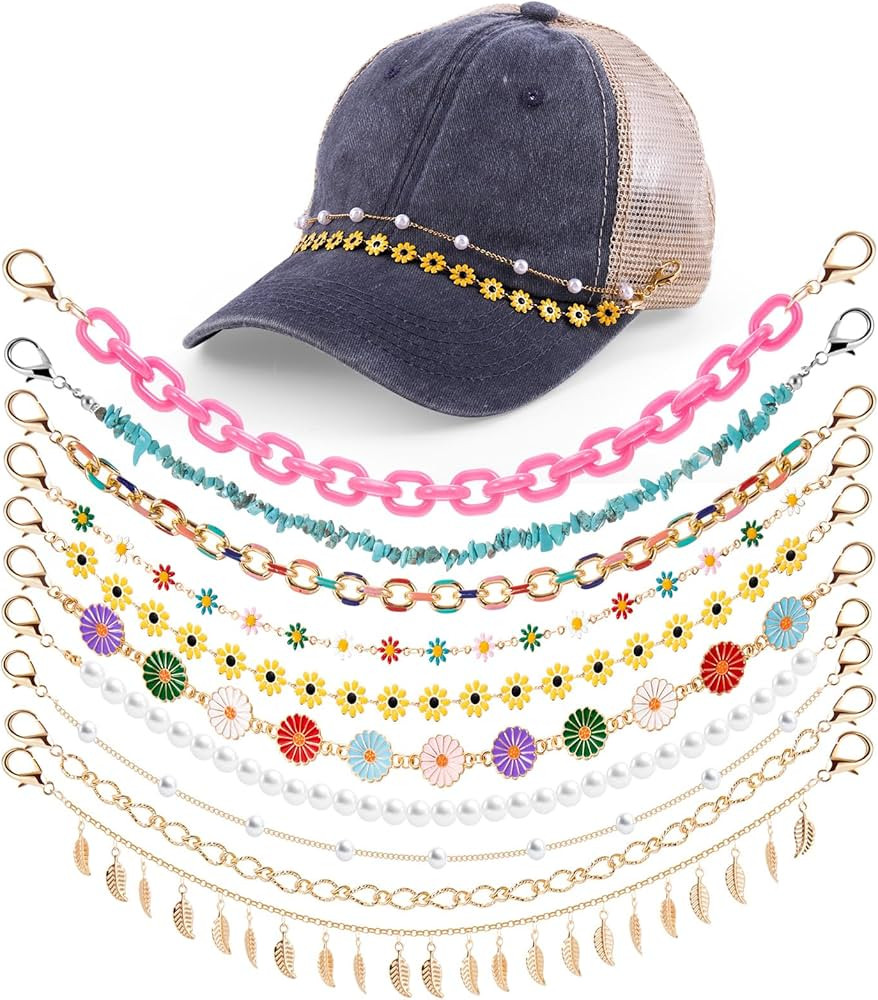 10 Pcs Flowers Trucker Hat Chains Bill Decoration, DIY Pearl Metal Turquoise Hat Chains Charms, D... | Amazon (US)