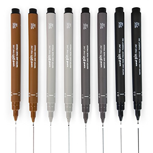 Uni Pin Fineliner Drawing Pen - Sketching Set of 8-0.1mm / 0.5mm - Black, Dark Gray, Light Gray, and Sepia | Amazon (US)