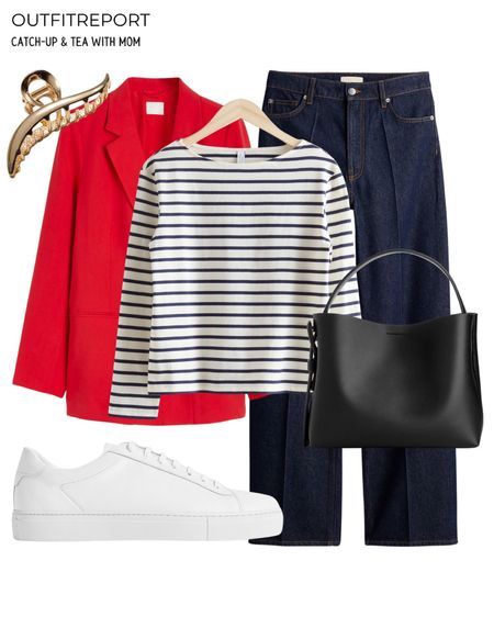 Blazer outfit denim jeans white trainers sneakers striped top black handbag 

#LTKshoecrush #LTKitbag #LTKstyletip