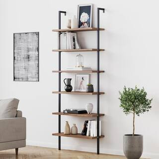 Theo 85 in. Matte Black Reclaimed Oak Wood 6-Shelf Wall Mount Ladder Bookcase with Matte Black Metal Frame | The Home Depot