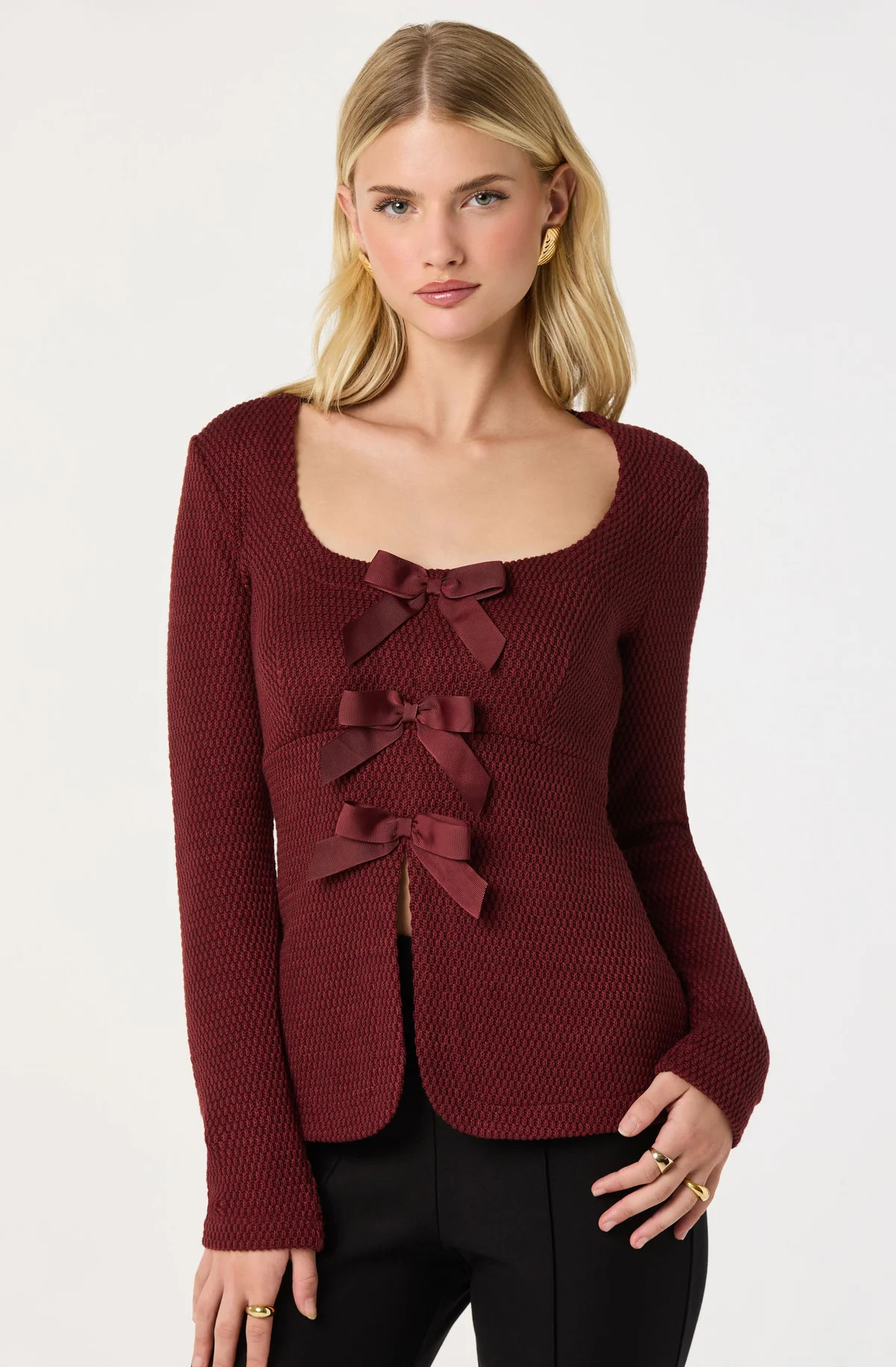 Textured Bow Flyaway Top - Burgundy / XL | ASTR The Label (US)