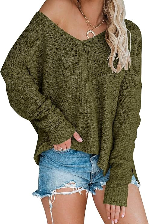 Women’s Off Shoulder Knit Sweaters Oversized V Neck Long Sleeve Loose Lightweight Pullover Tops | Amazon (US)