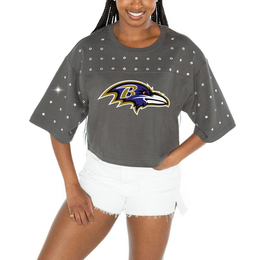 Baltimore Ravens Gameday Couture Women's All-Over Rhinestone Cropped Oversized T-Shirt - Gray | Fanatics