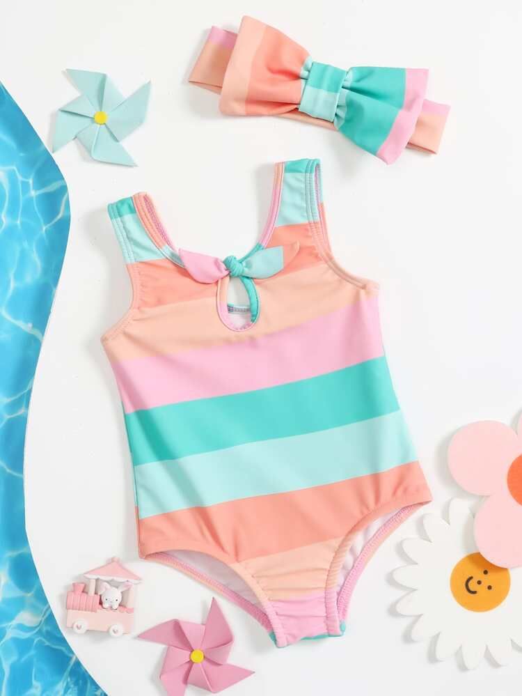 Baby Girl Striped Bow Decor One Piece Swimsuit With Hairband | SHEIN