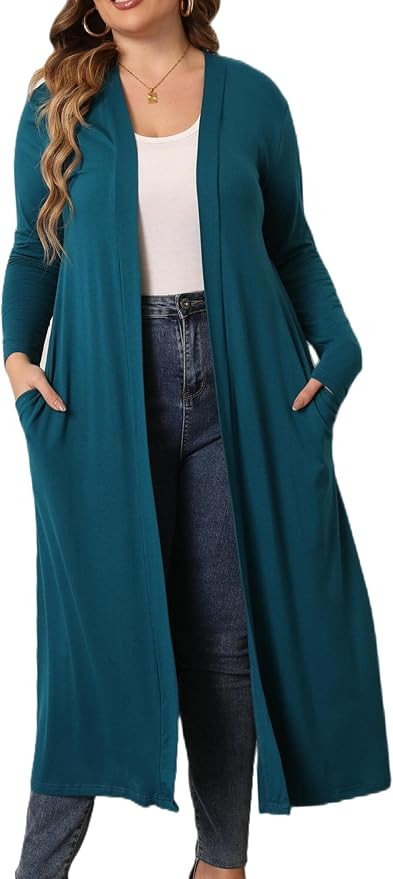 Women Plus Size Floor Length Open Front Drape Cardigan Lightweight Long Sleeve Maxi Duster with P... | Amazon (US)