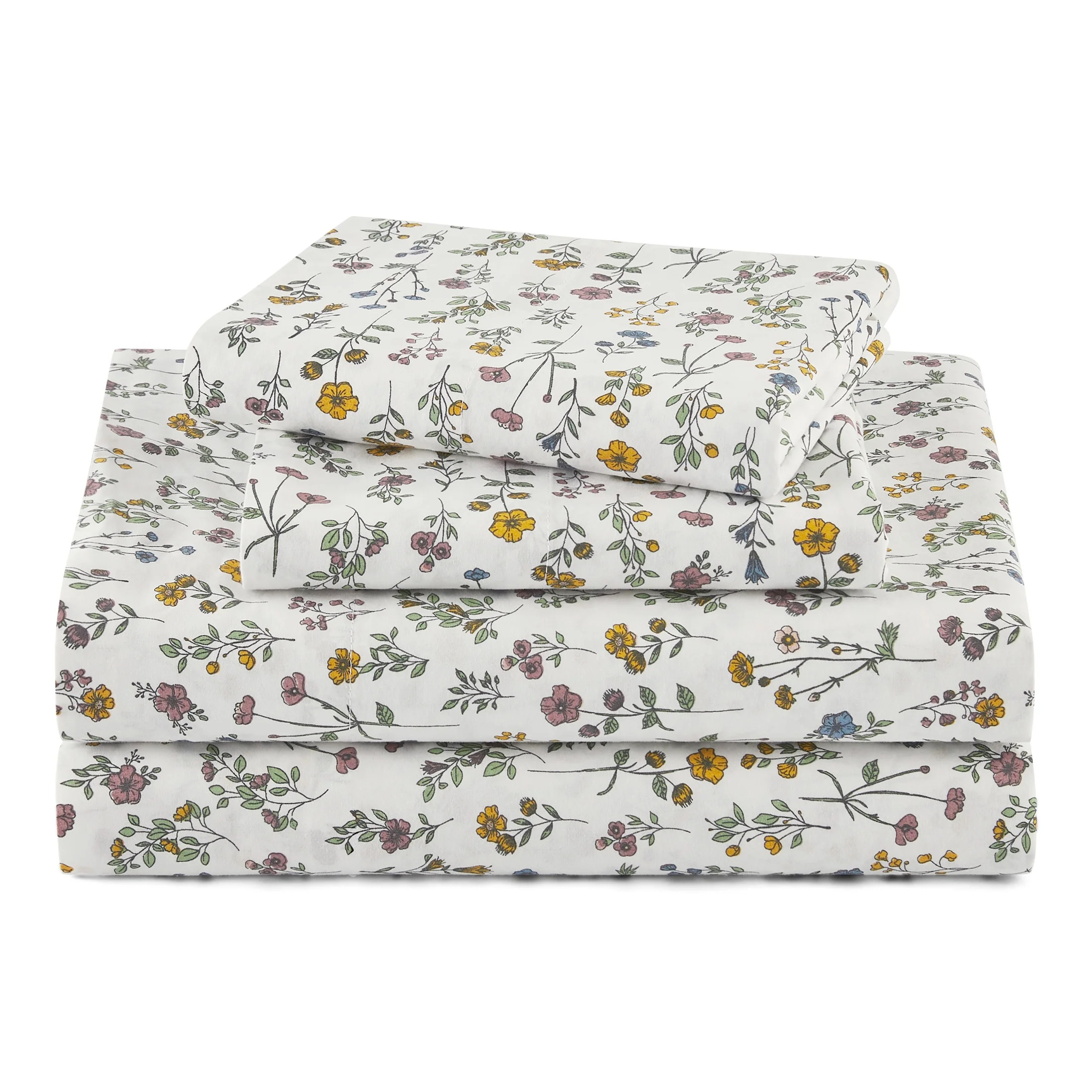 Beautiful Botanical 4-Piece 100% Cotton Washed Percale White Sheet Set, Queen by Drew Barrymore | Walmart (US)