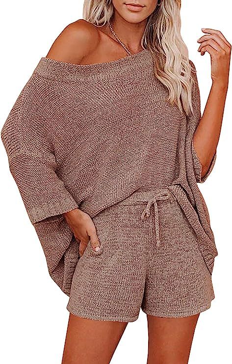 Ermonn Womens 2 Piece Outfits Sweater Sets Off Shoulder Knit Tops Waist Short Suits Casual Pajama... | Amazon (US)