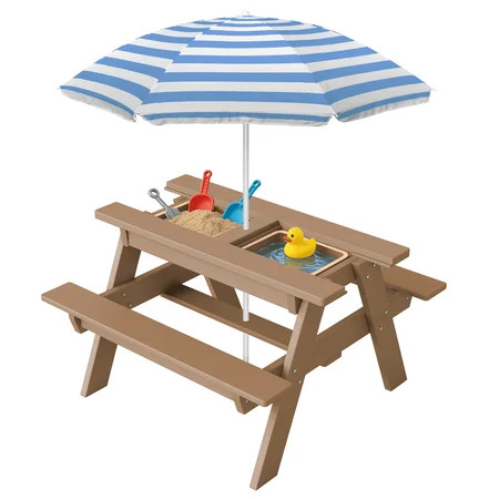 FOOWIN HDPE Kids Picnic Table, 3 in 1 Outdoor Convertible Sand & Water Table with Removable Tabletop, Kids Outdoor Table for Backyard Patio Play, Teak | Walmart (US)