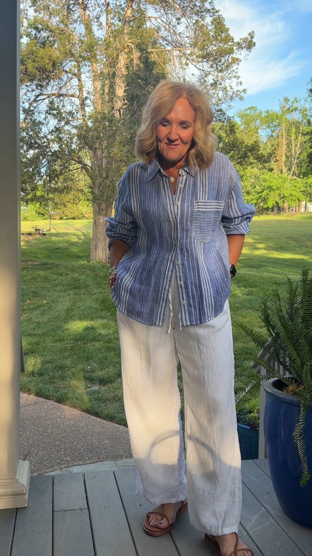Favorite white linen pants are on sale for the first time! Wearing a medium regular. Not a petite. They are lined! 
Linen blouse medium very relaxed you could prob size down too 
10% off my splurge bag with code NANETTE 
20% off my bracelets code NANETTE20

Linen pants vacation outfit 

#LTKSaleAlert #LTKOver40 #LTKSeasonal