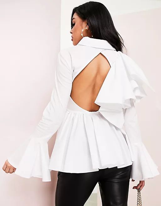 ASOS LUXE poplin shirt with ruffles and buttons in white | ASOS | ASOS (Global)