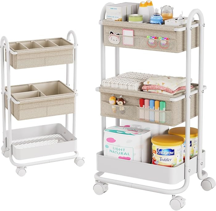Modanais Baby Diaper Caddy Organizer Cart - 3 Tier Rolling Storage Cart with Wheels, Baby Essenti... | Amazon (US)