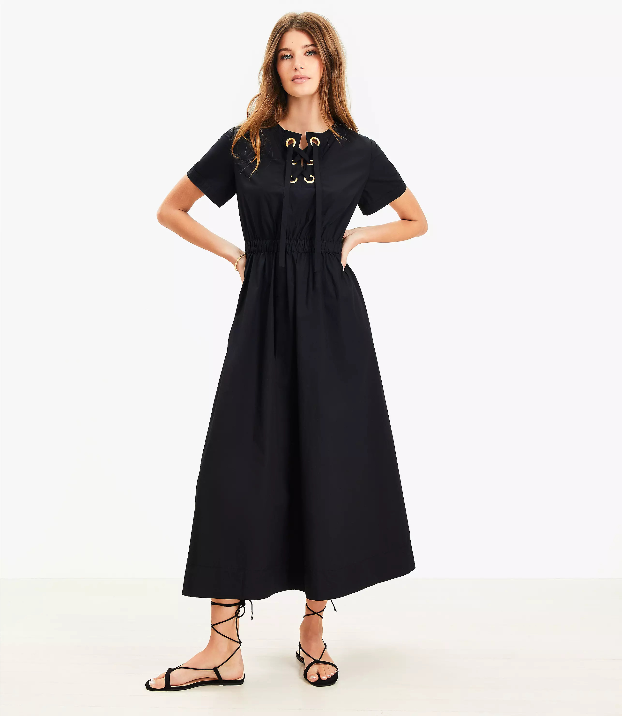 Poplin Lace Up Midi Pocket Dress | LOFT