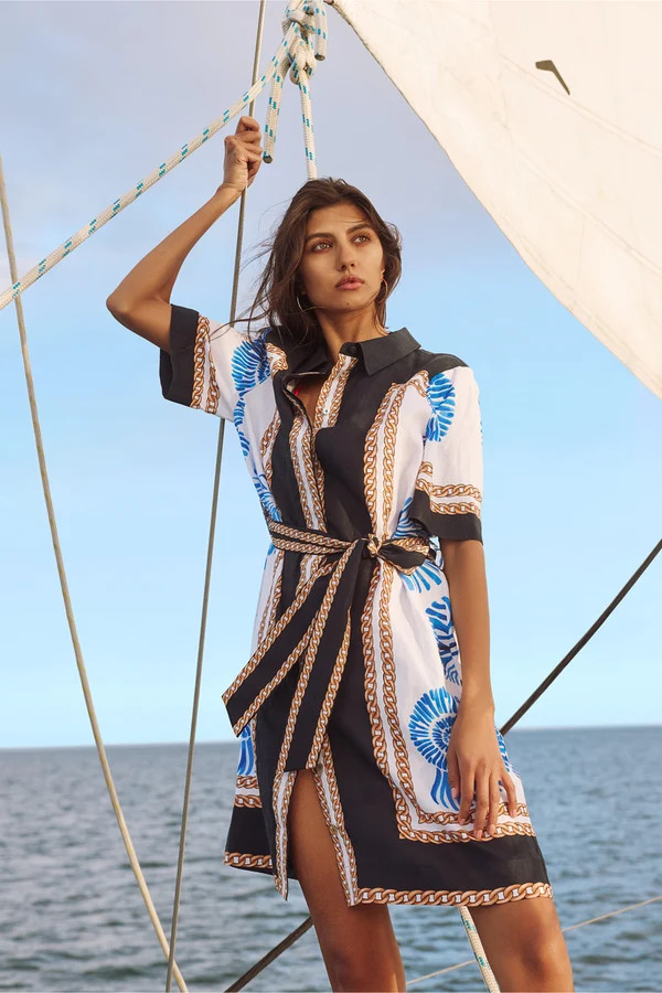 Caletta Linen Dress - Blue Shell Print | Cable Melbourne