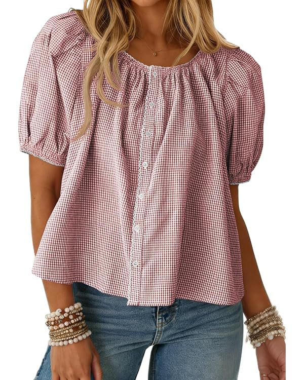 Tankaneo Womens Puff Sleeve Gingham Blouse Summer Plaid Crew Neck Cute Tops Trendy Casual Button ... | Amazon (US)