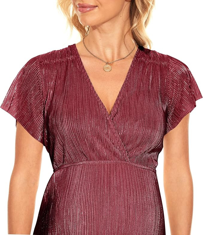 Greek Goddess V Neck Pleated Maternity Dress/Short Sleeve Sparkly Maxi Dress Photoshoot Baby Show... | Amazon (US)