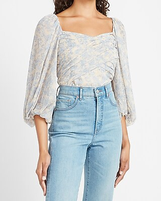Metallic Floral Pleated Balloon Sleeve Top | Express