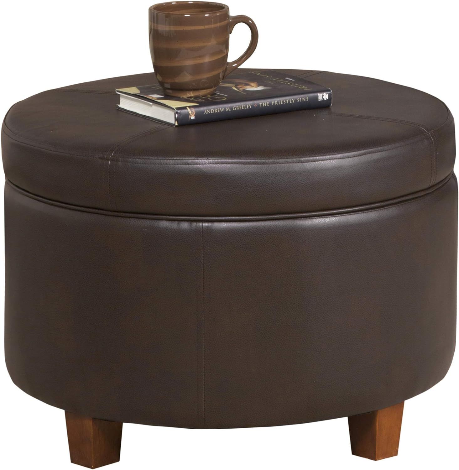 HomePop Round Leatherette Storage Ottoman with Lid, Chocolate Brown Large | Amazon (US)