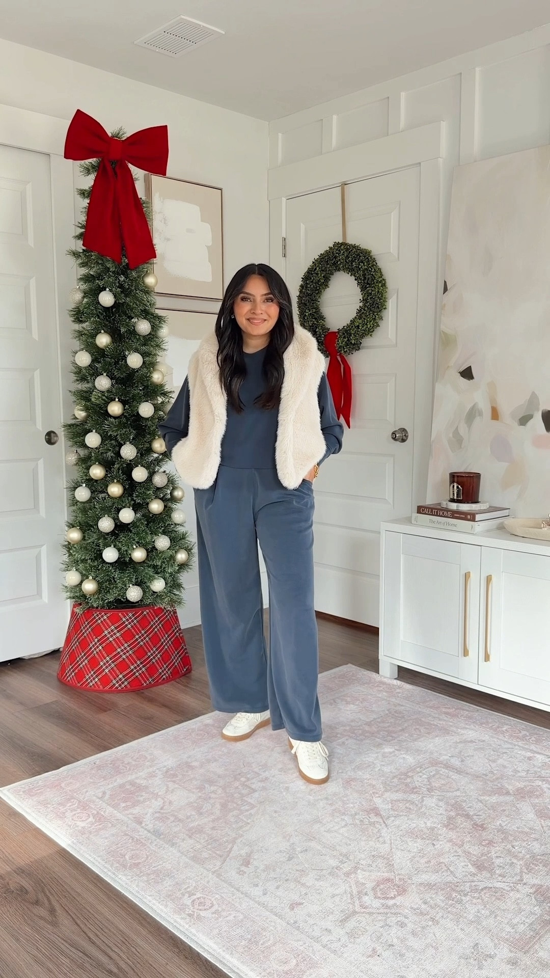 Navy cropped sweatshirt size small TTS
Navy wide leg pants in color navy size xs, 27” inseam TTS
Faux fur vest size xs petite TTS
Ecru mesh color sneakers size 6 TTS

#LTKSaleAlert #LTKTravel #LTKPetite