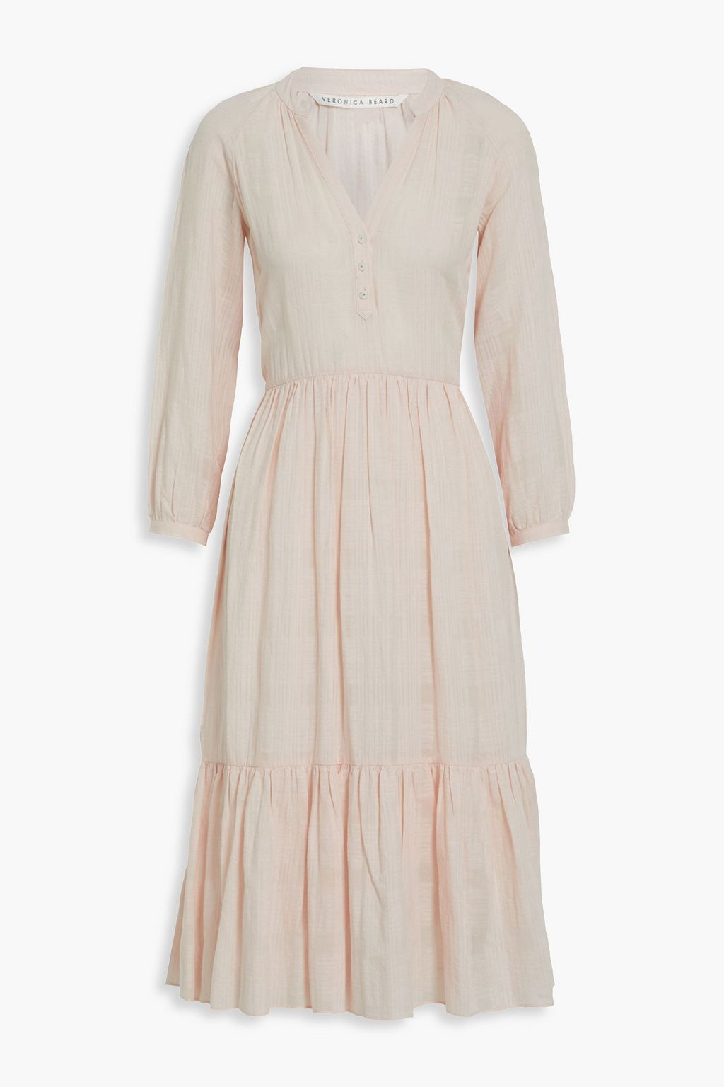 Pastel pink Sarita tiered cotton and linen-blend jacquard midi dress | VERONICA BEARD | THE OUTNE... | The Outnet (US and CA)