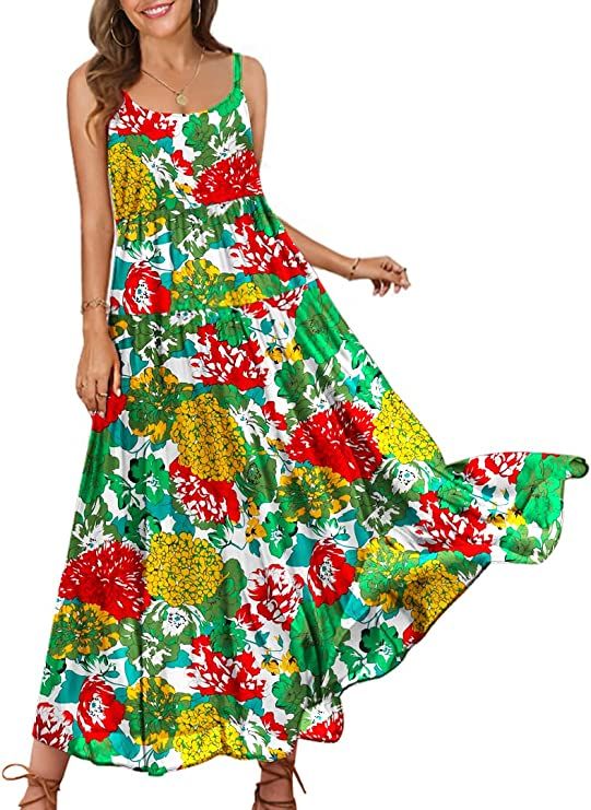 YESNO Summer Dresses for Women 2022 Casual Loose Bohemian Floral Dress with Pockets Spaghetti Str... | Amazon (US)