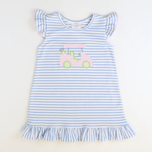 Appliquéd Golf Cart Dress - Cloud Stripe Knit | Southern Smocked Co.