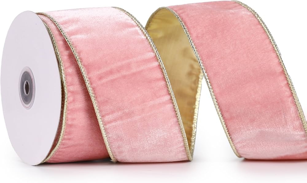 Pink Velvet Ribbon Wired 2.5" x 10 Yards Pink Christmas Wired with Gold Backside, Christmas Tree ... | Amazon (US)