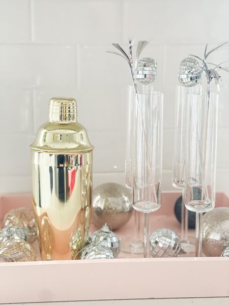 New Year’s Eve party decor. New Year’s Eve decor. 2024 New Year’s Eve. Disco ball. Gold cocktail shaker. Pink, silver and gold New Year’s Eve party. Champagne flutes. 💕💕💕 

#LTKHoliday #LTKparties #LTKhome