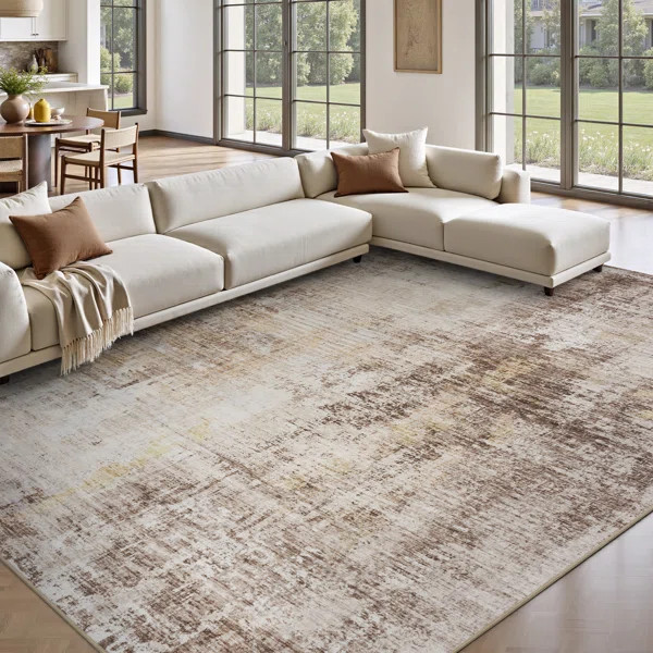 Distressed Modern Abstract Machine Washable Area Rug in Earth Tone Brown for Living Room or Bedro... | Wayfair North America