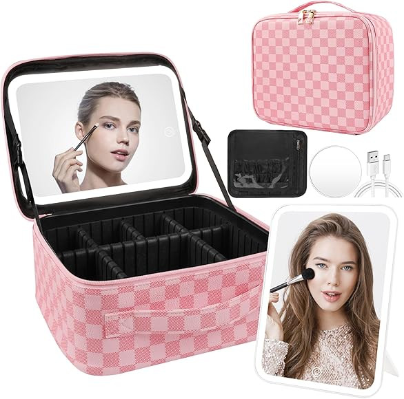 Makeup Bag with Lighted Mirror, Travel Make up Train Case with Adjustable Brightness Vanity Mirro... | Amazon (US)