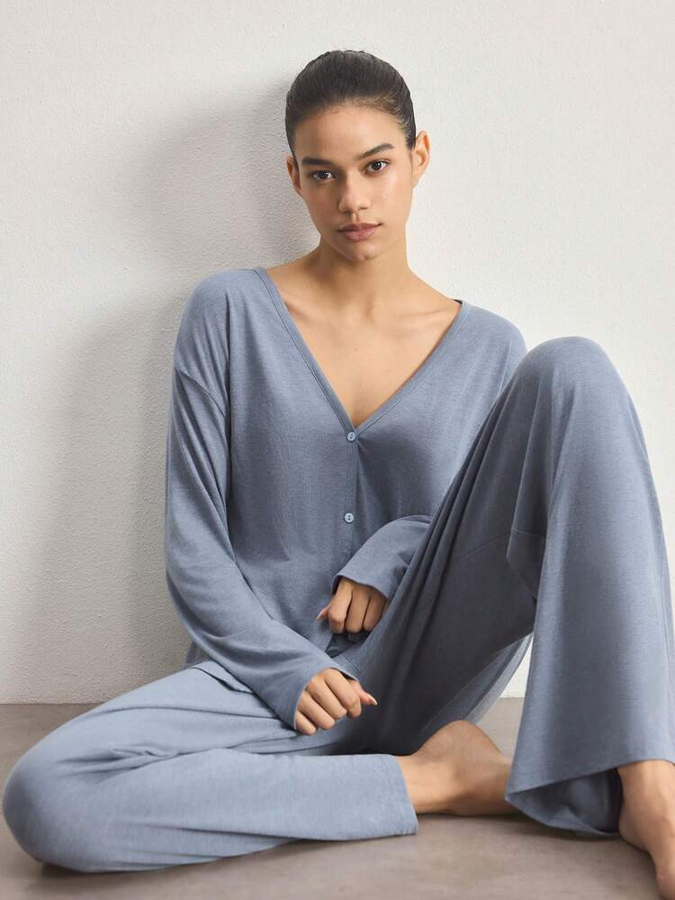Ocili Minimalist Comfortable Collarless Soft Pajama Set For Women | SHEIN